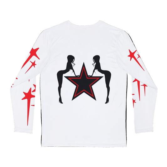 White long-sleeve shirt with black and red star design on a white background